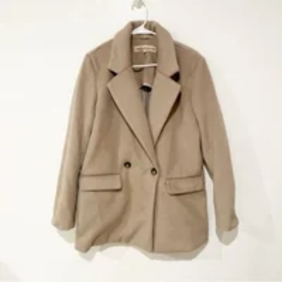 Free People Fuzzy Double Breasted Tan Oversized Long Line Lapel Peacoat